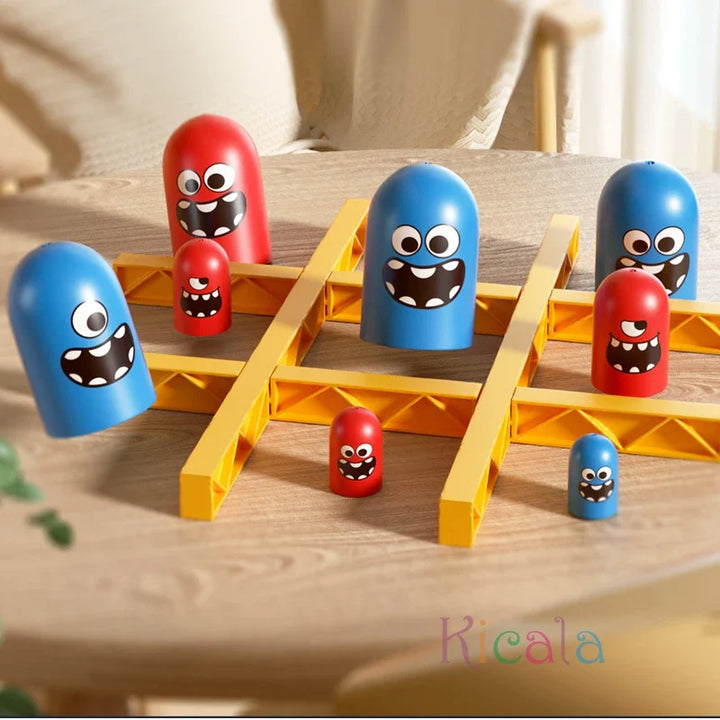 Children's game with colorful character pieces on a wooden board.