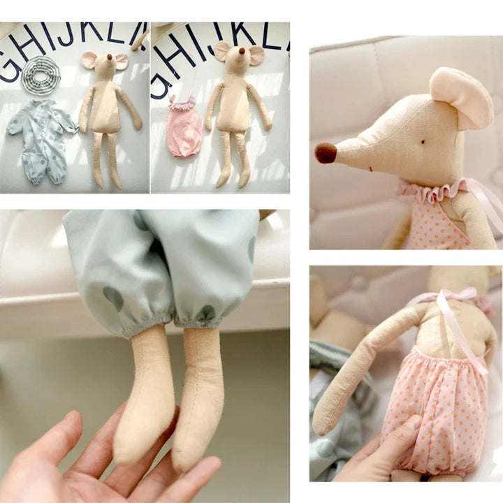 Collage of a plush mouse toy in various outfits with a hand holding it.