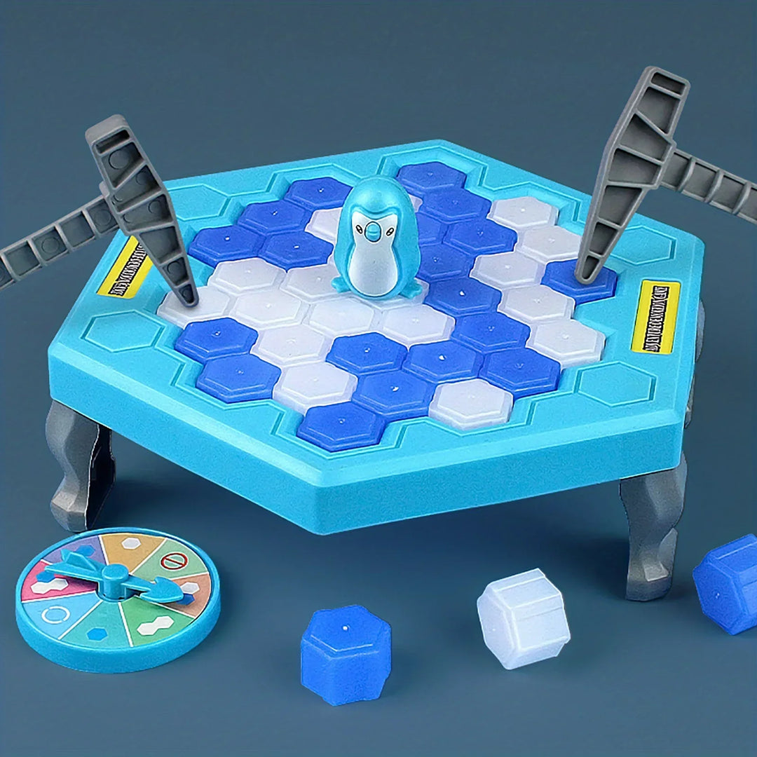 Board game with penguin figure on a blue and gray hexagonal grid.