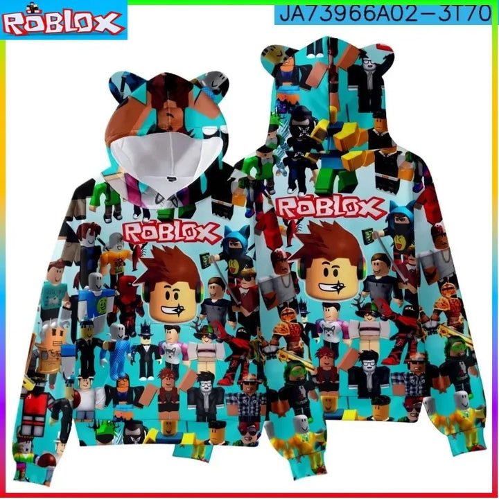 Roblox-themed hoodie with character patterns and Roblox logo on a white background.