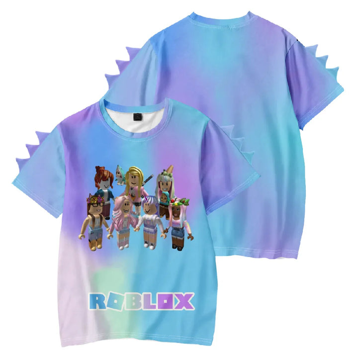 Gradient t-shirt with Roblox character design on a white background.