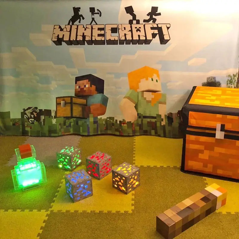 Minecraft-themed playset with characters and blocks on a foam mat.