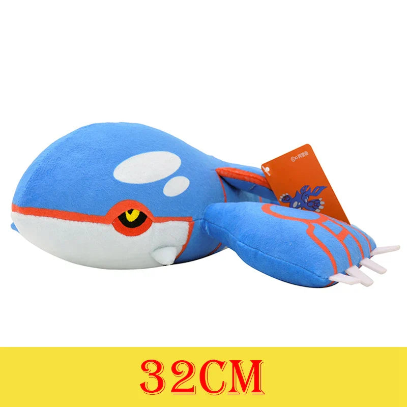 Blue plush toy with a tag on a white background.
