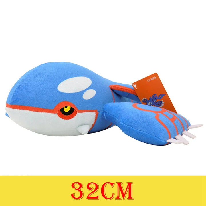 Blue plush toy with a tag on a white background.