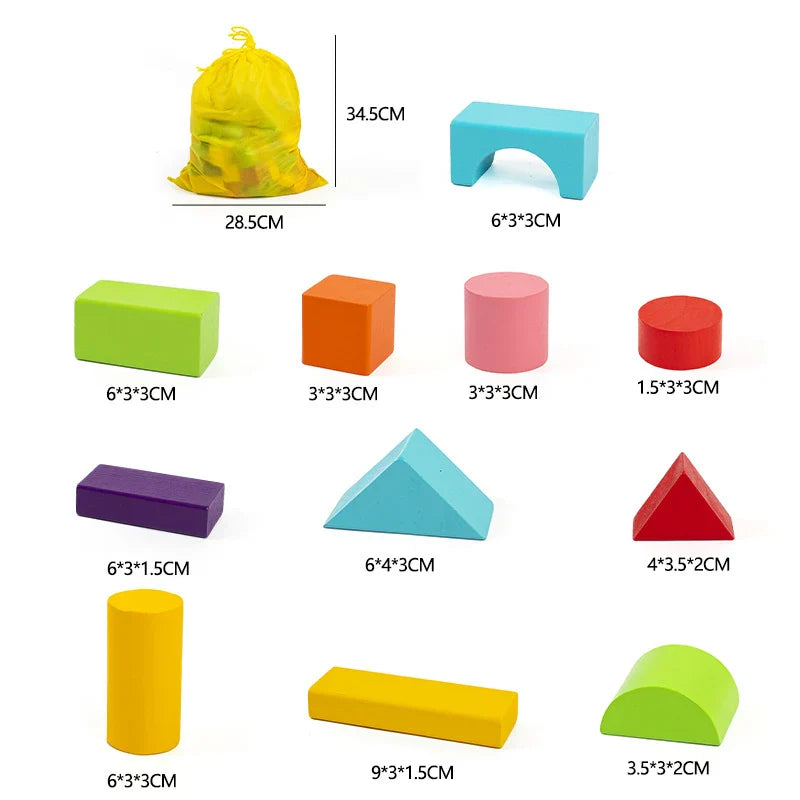 Colorful foam blocks with dimensions on a white background.