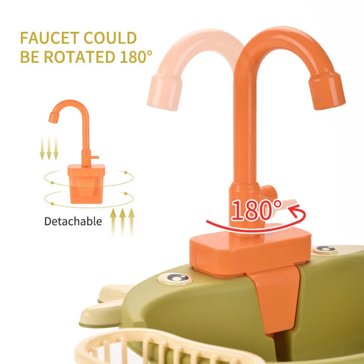 Detachable orange faucet on a green toy with text indicating it can be rotated 180 degrees.