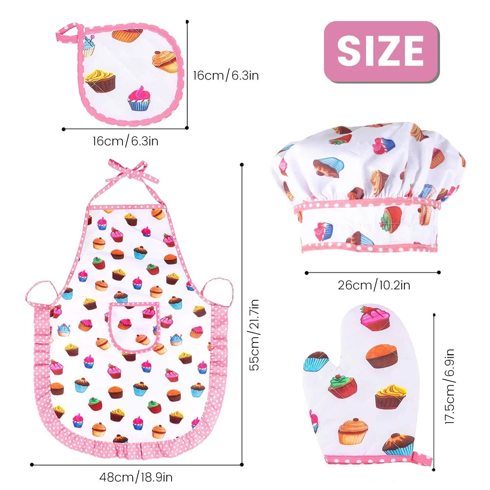 Children's kitchen set with apron, chef hat, and oven mitt featuring cupcake pattern, with measurements displayed.