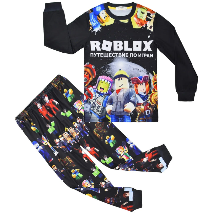 Roblox-themed pajama set with colorful graphics on a black background.