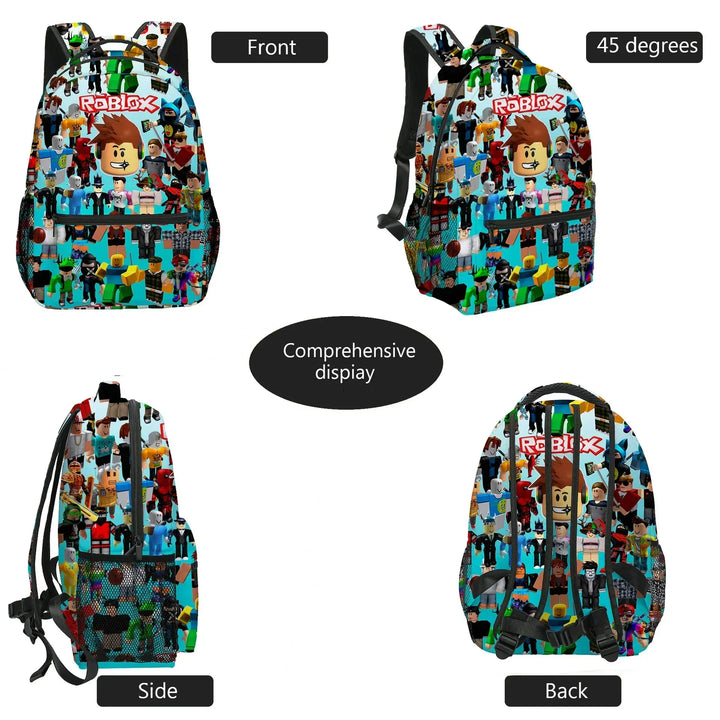 Backpack with Roblox character pattern shown from front, side, and back angles.