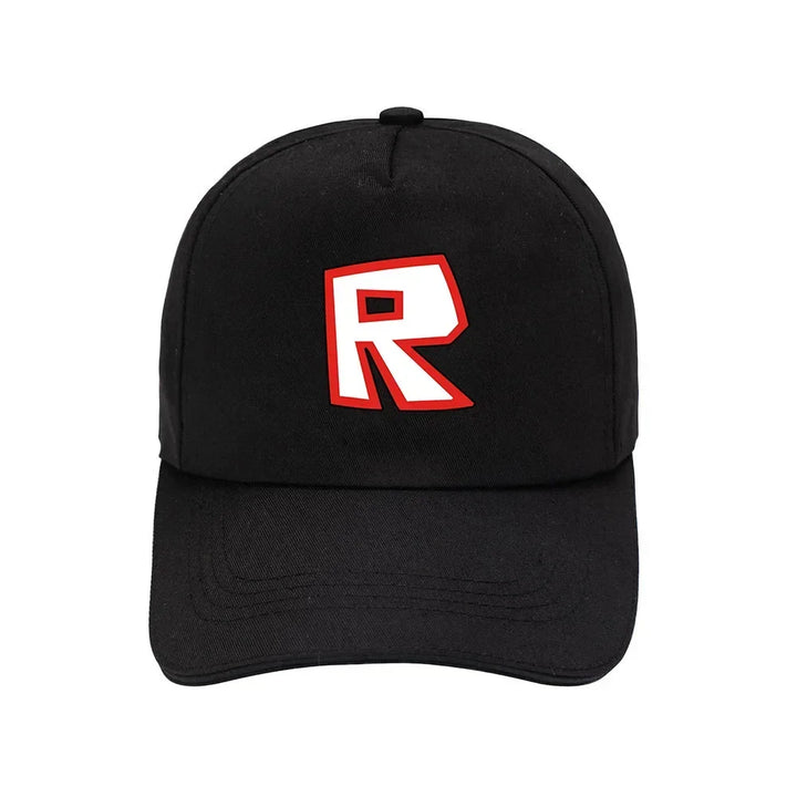 Black cap with a red and white letter R logo on a white background.
