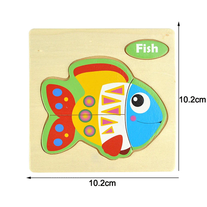 Colorful fish-shaped wooden puzzle with dimensions on a beige background.
