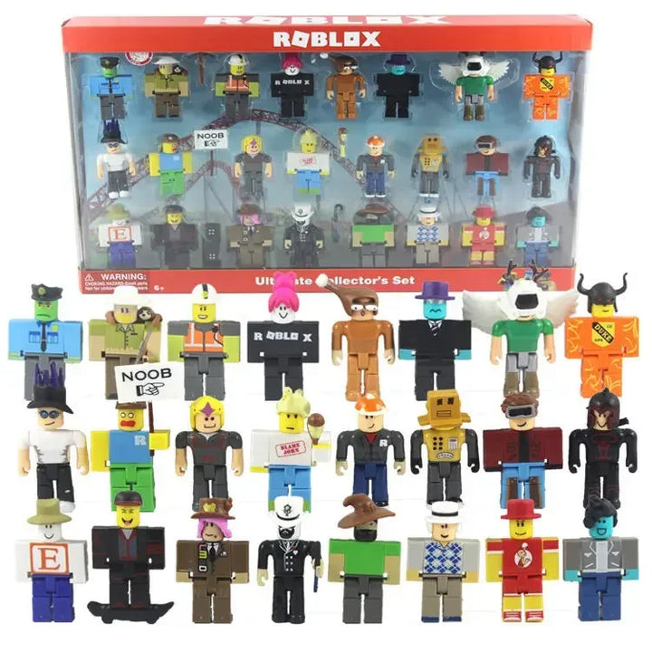 Roblox action figures in front of a display box with multiple character poses.