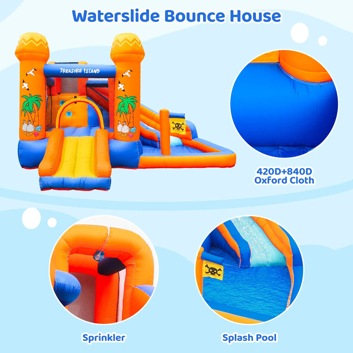 Inflatable waterslide bounce house with details on material and features on a light blue background.