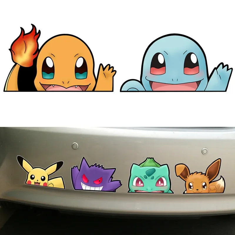 Pokémon stickers on a car window with Charmander, Squirtle, Pikachu, Vaporeon, Bulbasaur, and Eevee.
