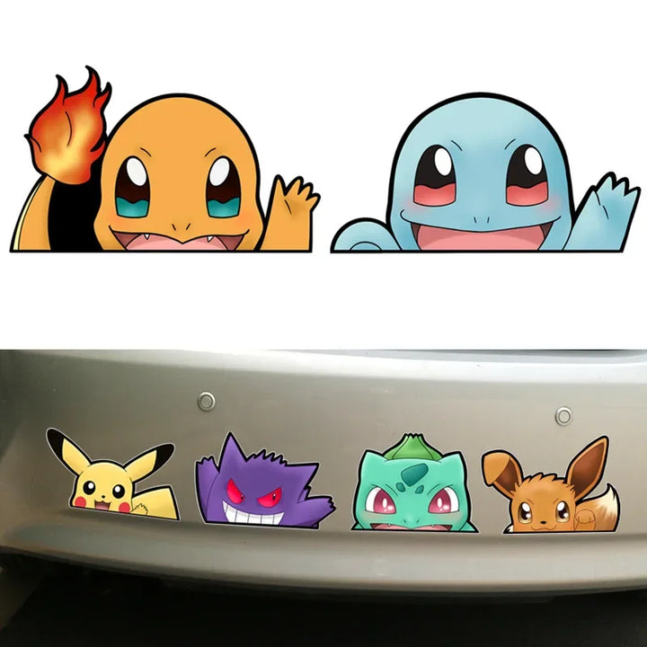 Pokémon stickers on a car window with Charmander, Squirtle, Pikachu, Vaporeon, Bulbasaur, and Eevee.