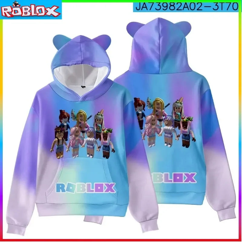 Gradient hoodie with Roblox characters and branding on a colorful border.