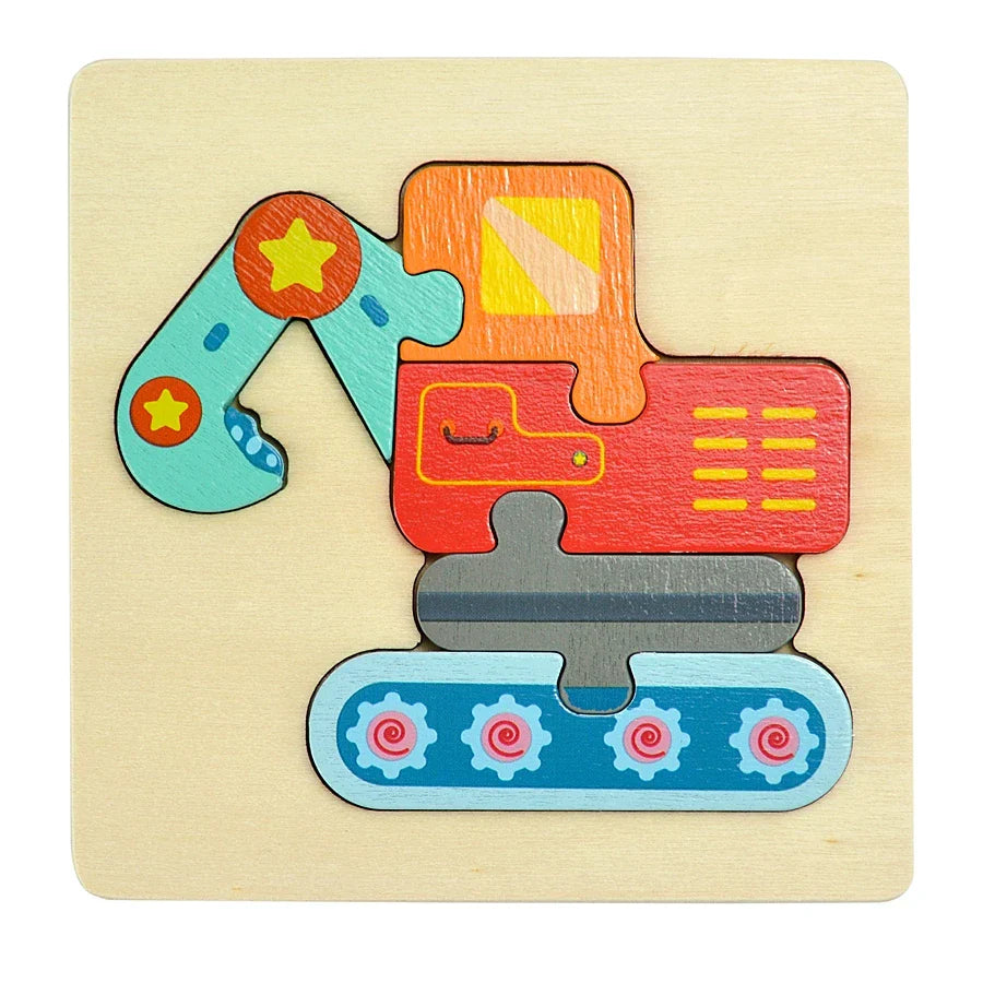 Wooden puzzle shaped like a red excavator on a beige background.