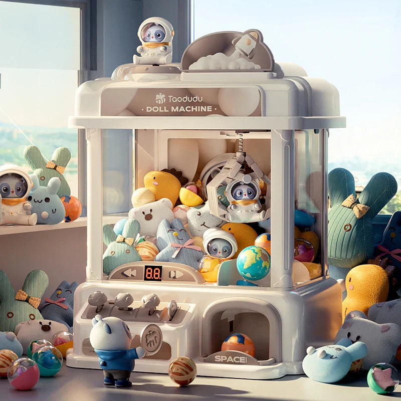Gumball machine filled with colorful plush toys in a bright room.