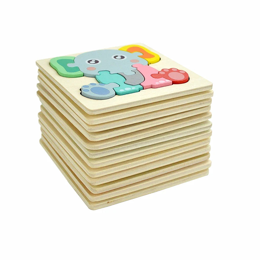Stack of colorful wooden puzzle pieces with an elephant design on a white background.