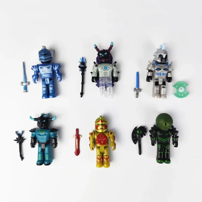 Collection of robot toy figures with accessories on a white background.
