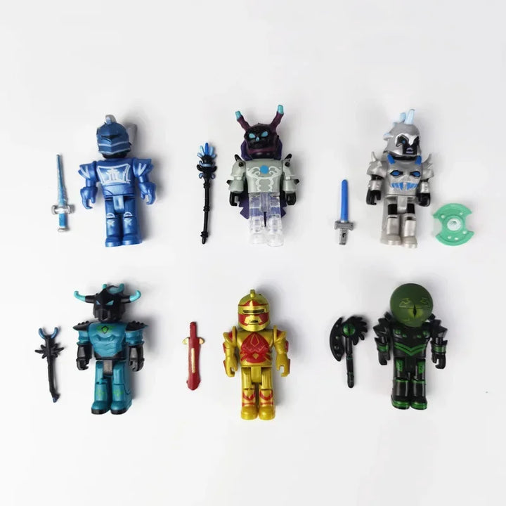 Collection of robot toy figures with accessories on a white background.