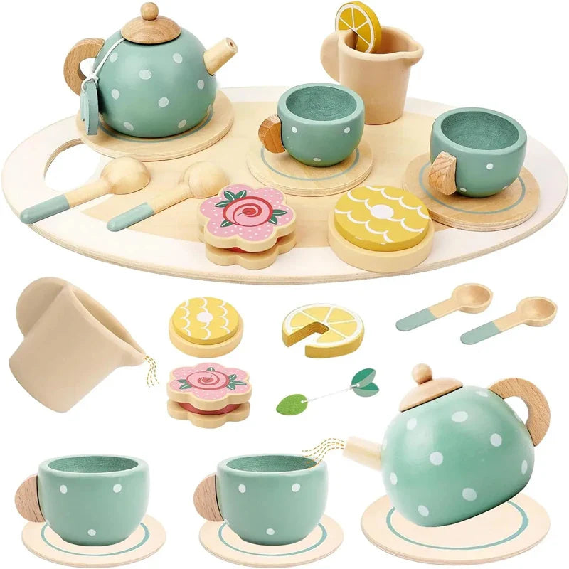 Wooden Kitchen Playset Pretend Play Tea Set for Girls