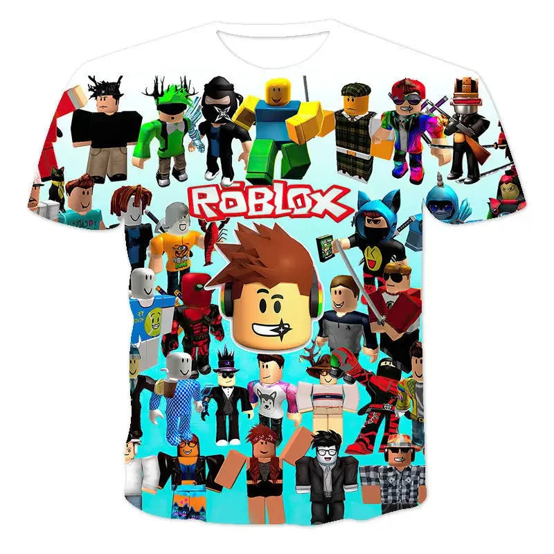 T-shirt with Roblox character designs on a white background.