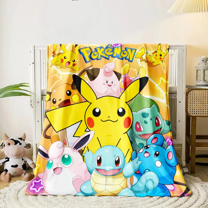 Pokémon themed curtain with various characters on a white background.
