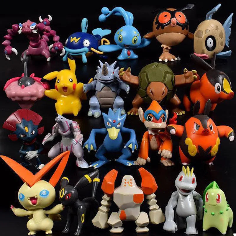 Collection of various cartoon character figurines on a dark background.