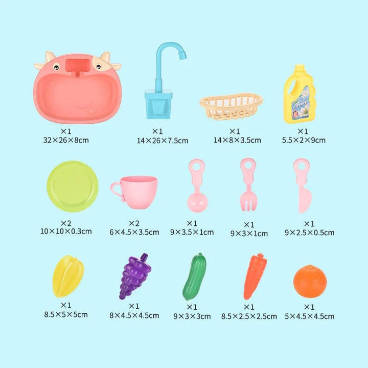 Set of toy kitchen items with dimensions on a light blue background.