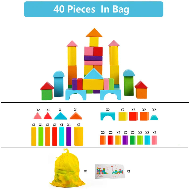 Colorful building blocks with a bag and instructions on a white background.