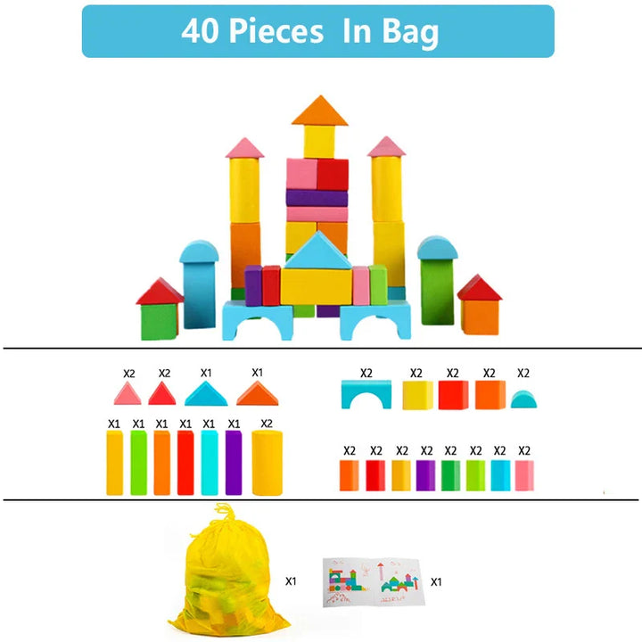 Colorful building blocks with a bag and instructions on a white background.