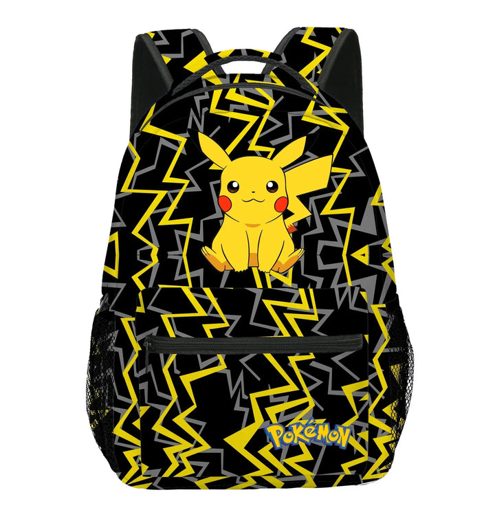 Backpack with Pikachu design and Pokémon branding on a black background.