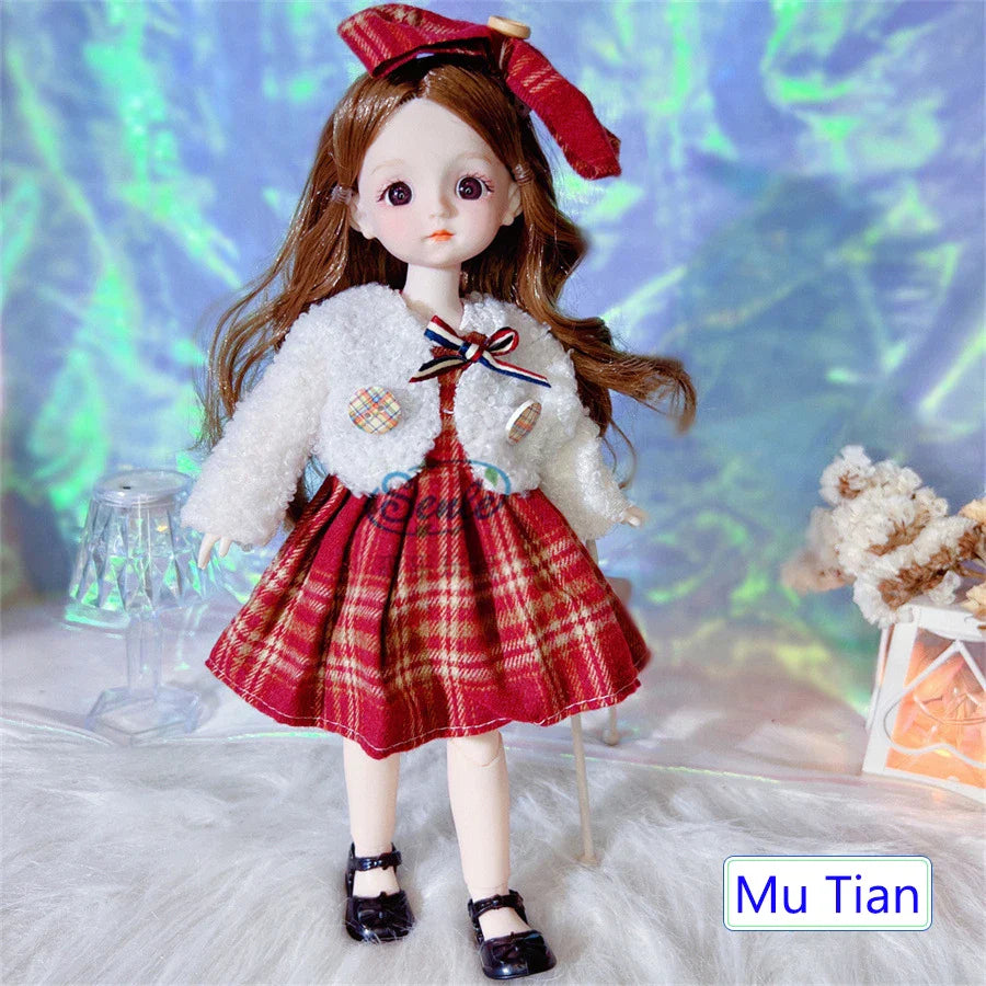 Doll in a red and white outfit with a blurred background.