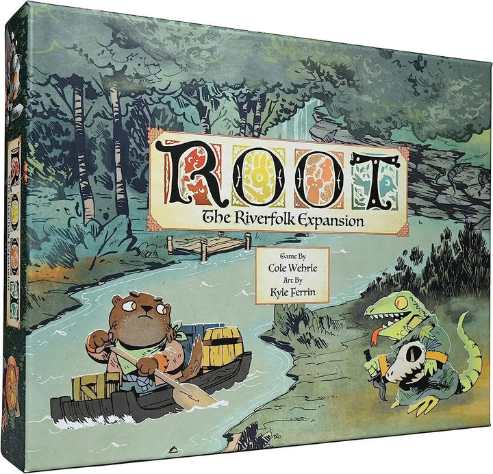 Board game box for 'Root: The Riverfolk Expansion' with cartoon animals and nature scene.