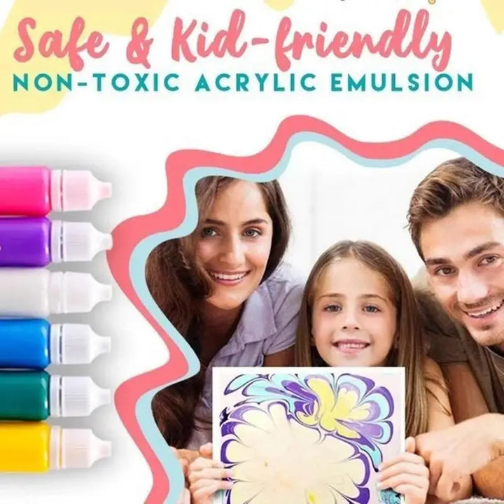 Family with a child holding a painting, surrounded by colorful acrylic emulsion bottles, with text about safety and toxicity.