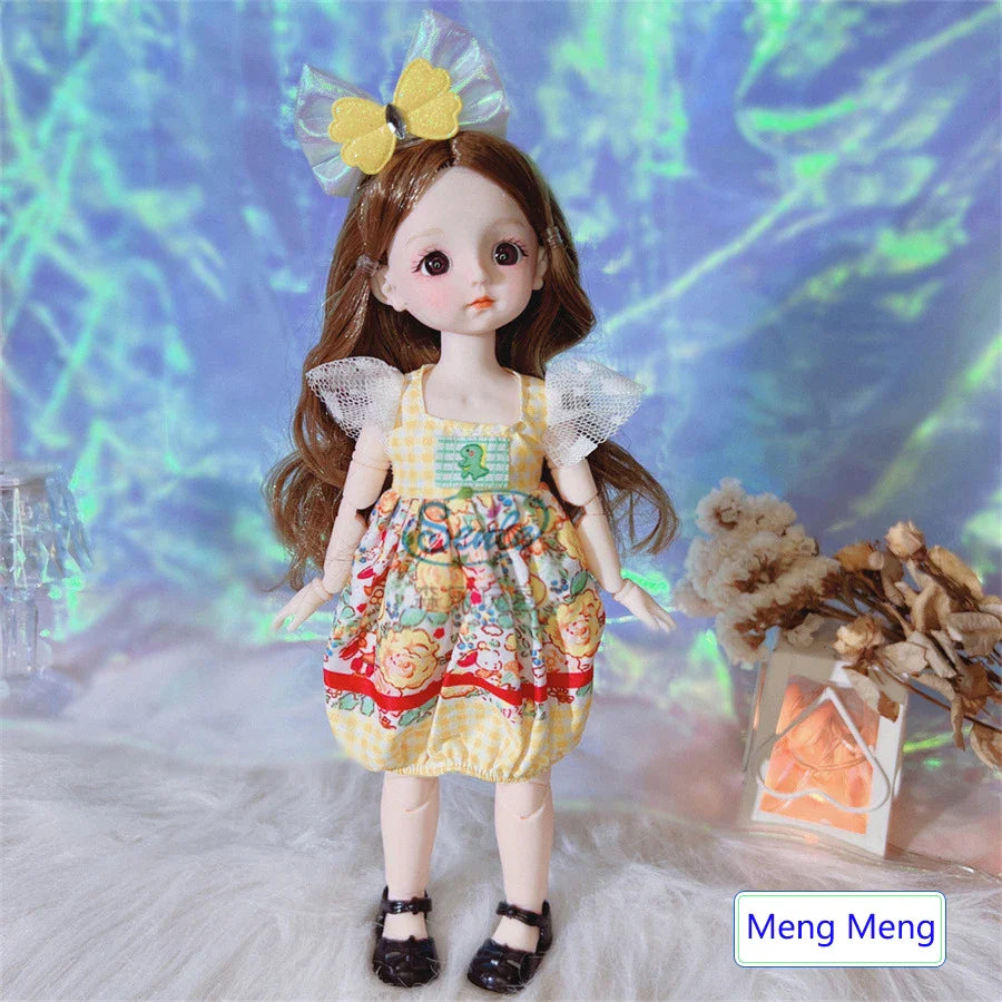 Doll with a colorful dress and yellow bow against a blurred background.