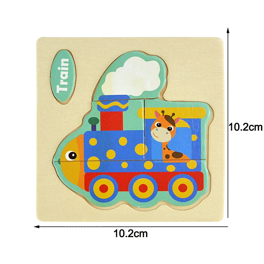Wooden train puzzle with a giraffe character, labeled train on a beige background with dimensions indicated.