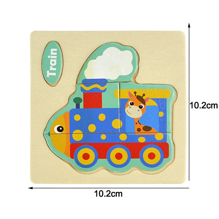 Wooden train puzzle with a giraffe character, labeled train on a beige background with dimensions indicated.