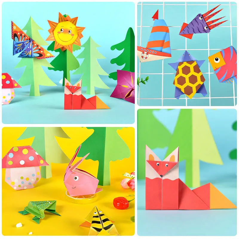 Collage of colorful paper crafts including animals and nature-themed items on a blue background.