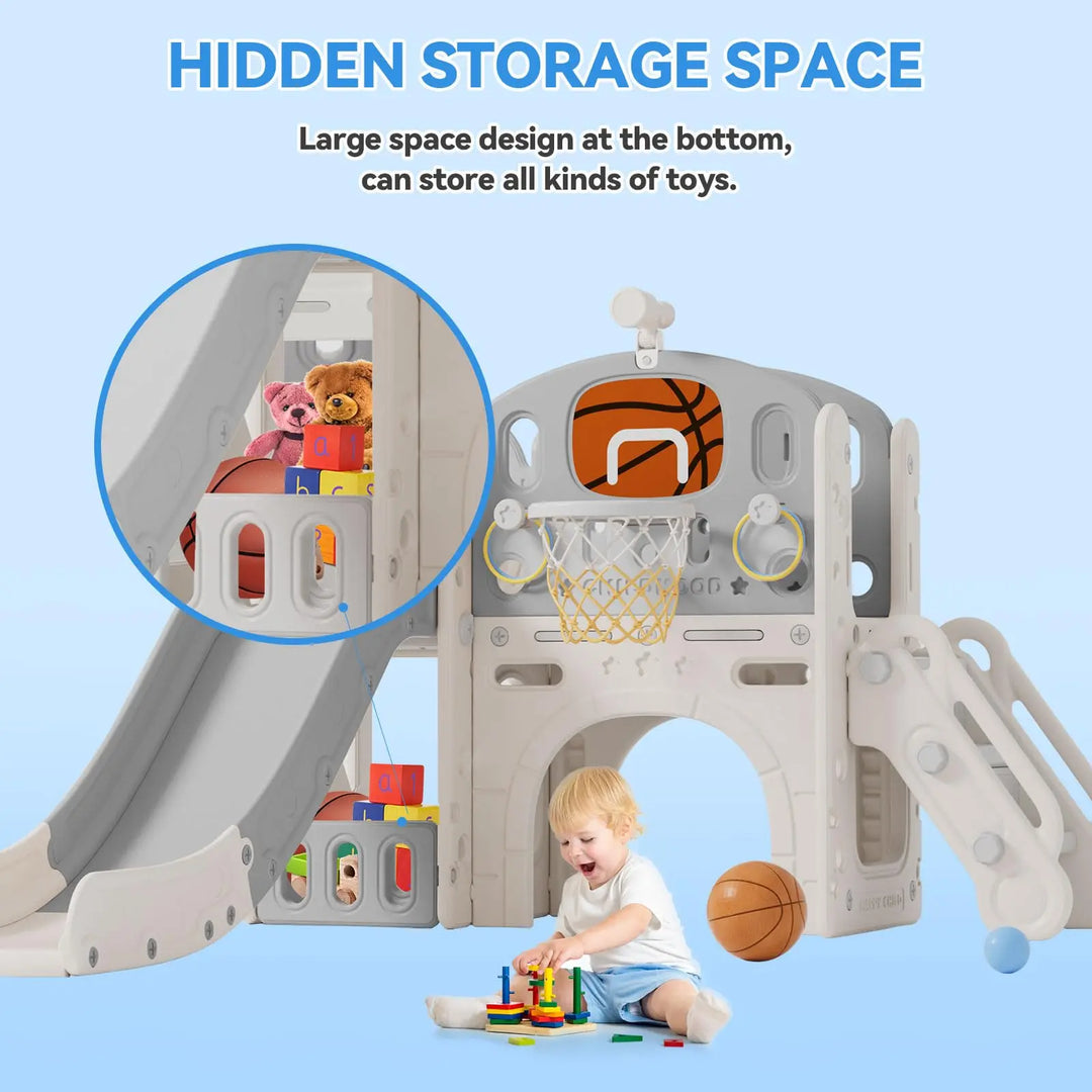 Children's playset with slide and basketball hoop, featuring a hidden storage space.