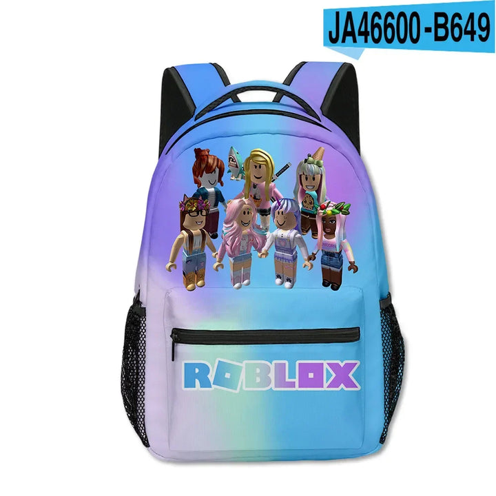 Backpack with Roblox characters and gradient design on a white background.