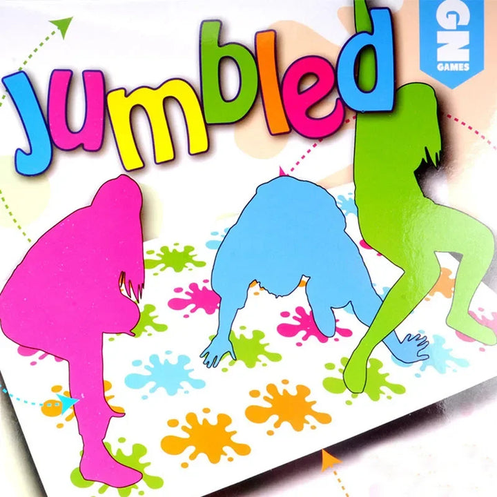 Colorful game board with 'Jumbled' text and character silhouettes on a white background.