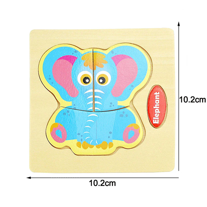 Wooden elephant puzzle with measurements on a white background.