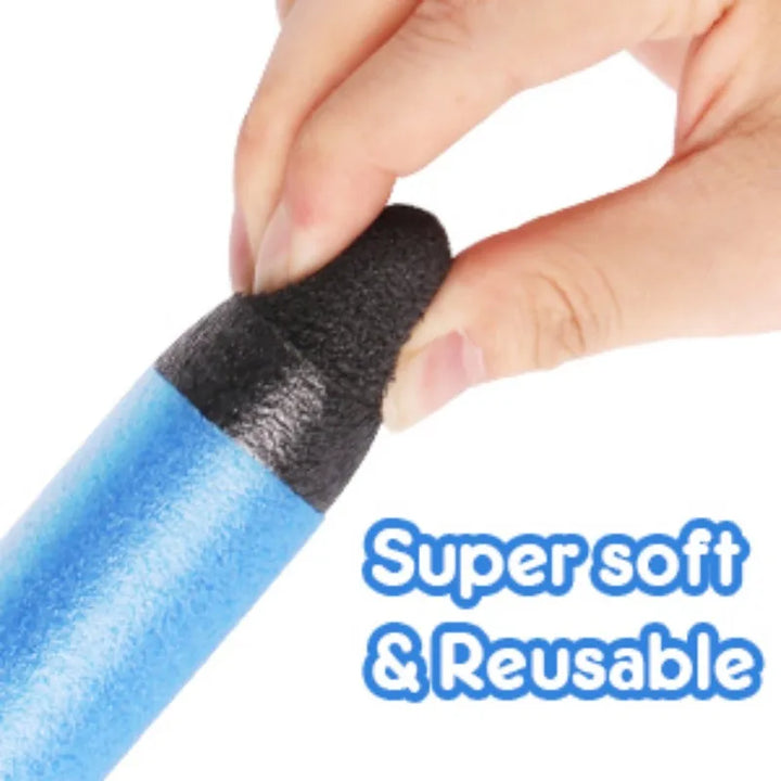 Hand holding a blue and black rocket tip with text super soft and reusable'on a white background.