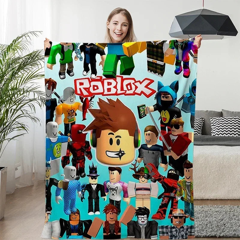 Person holding a Roblox-themed curtain with various character designs in a living room.