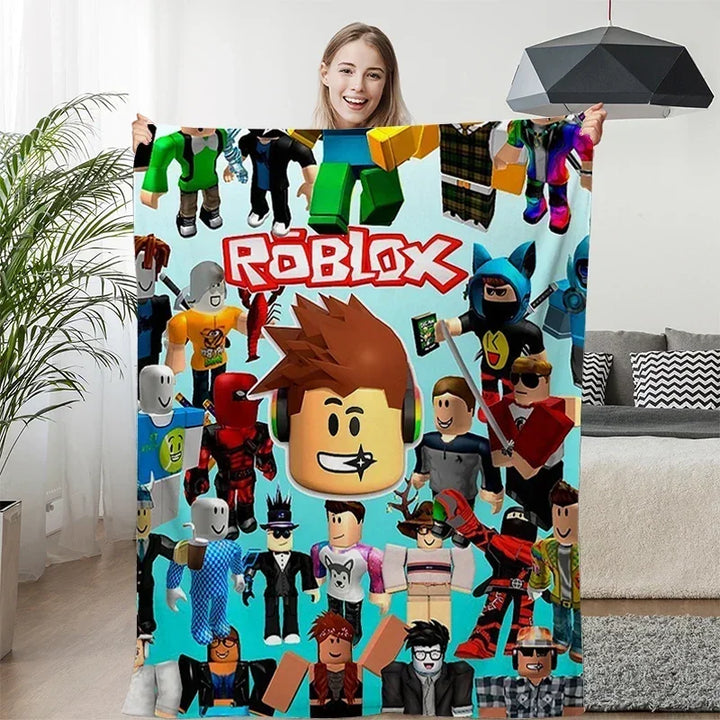 Person holding a Roblox-themed curtain with various character designs in a living room.