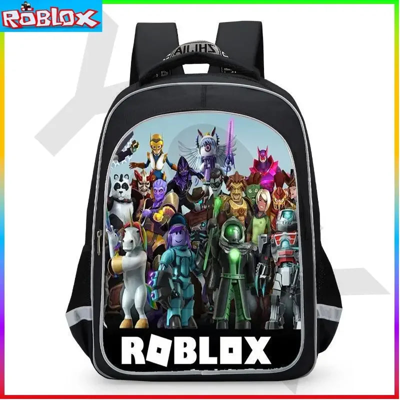 Black backpack with Roblox character design on a white background.