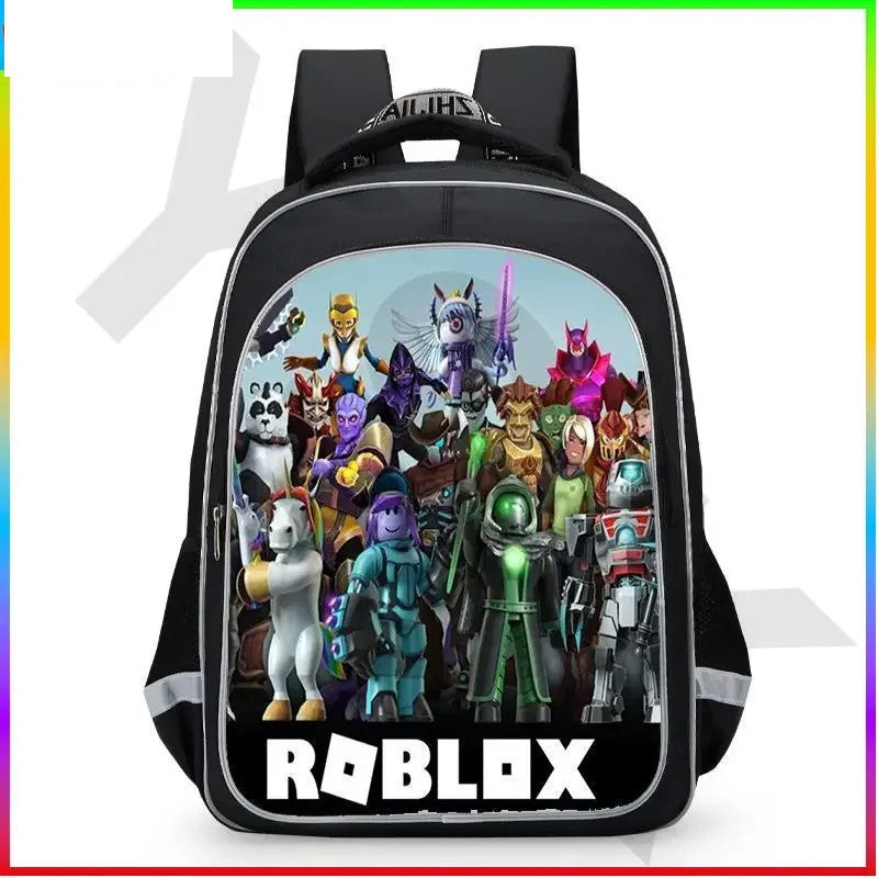 Black backpack with Roblox character design on a white background.
