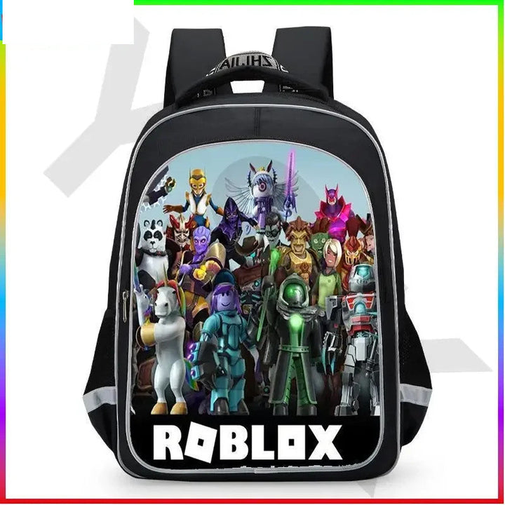 Black backpack with Roblox character design on a white background.